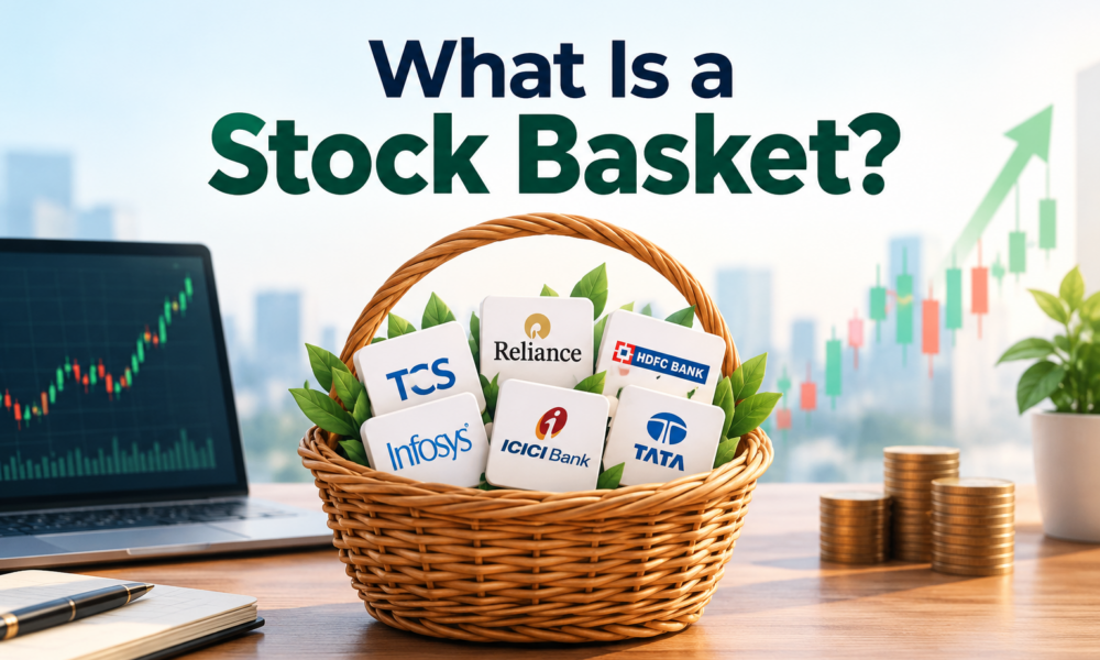What Is a Stock Basket? genrate blog image for this title use only this text AND GENRATE IAMGE ACCORIDG TO THE STOCK ARKET THEME USE ONLY What Is a Stock Basket?